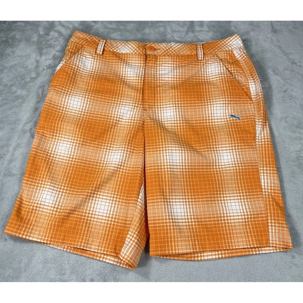 Puma Golf Mens Dry Cell Plaid Performance Shorts Orange White Size 38